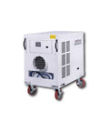 Indoor And Outdoor Portable Air Conditioner Delivering Straight Up Power With 60000 BTU Cooling Capacity For 2000 Square Foot Spaces, white mobile unit on wheels.