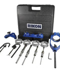 Pro Level Mortizing Attachment Kit With Square Chisels Fits 13 To 34 Inch Drill Presses including blue chisels and case.
