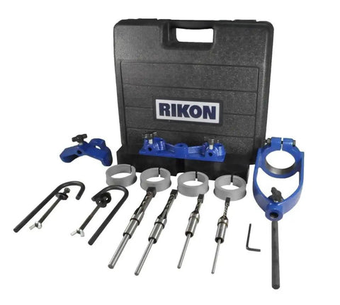 Pro Level Mortizing Attachment Kit With Square Chisels Fits 13 To 34 Inch Drill Presses including blue chisels and case.