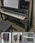 High Density Egg Crate Soundproof Foam Pads For Upright Piano and Studio Walls Ditch The Echo Build Quiet Vibes Home Office Gear Crush The Noise Easy Wall Mount Acoustic Treatment Blocks beside a piano, showing foam panel details.