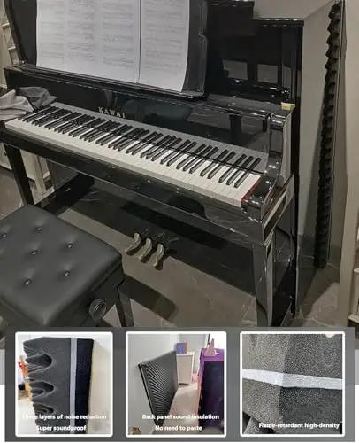 High Density Egg Crate Soundproof Foam Pads For Upright Piano and Studio Walls Ditch The Echo Build Quiet Vibes Home Office Gear Crush The Noise Easy Wall Mount Acoustic Treatment Blocks beside a piano, showing foam panel details.