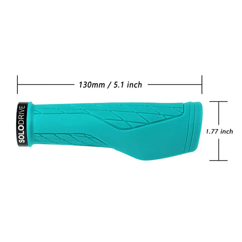 Turquoise ergonomic mountain bike grip with palm pad, dimensions 130mm x 1.77 inch, non-slip lock-on for MTB, e-bike, scooter.