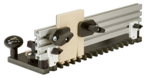 Pro Grade Half Blind Dovetail Jig For Router Table heavy duty woodworking fixture with adjustable guides for 1/2 to 3/4 inch stock.