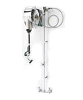 Heavy Duty Enclosed Stainless Steel Hose Reel Assembly Featuring 8 Inch Center Faucet Mount, side view with coiled hose.