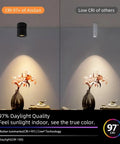 Image comparing CRI of 2 Pack LED COB Adjustable Ceiling Spotlight Surface Mounted 7W 3000K and a standard spotlight.
