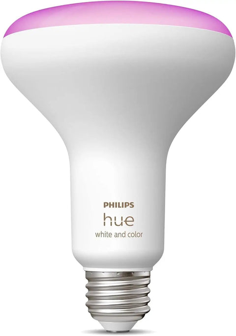 Smart Color Ambiance BR30 LED Bulb 85W Equivalent, 1200 Lumens, E26 Base with hue app control, displaying purple light