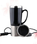 No Fuss Road Ready Stainless Steel Car Water Kettle Portable Travel Mug with lid and power cord for heating drinks.