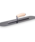 Pool Trowel With 20 Inch Blue Steel Blade Flexible For Radius Finishes Wood Handle Short Aluminum Alloy Mounting With 12 Rivets Pro Grade Contractor Concrete Tool Made In The USA PT205B showing blue steel blade and wood handle