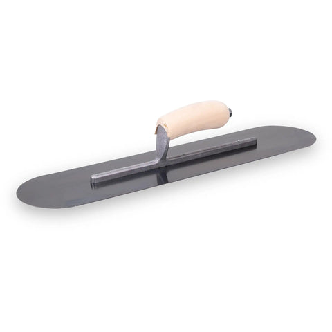 Pool Trowel With 20 Inch Blue Steel Blade Flexible For Radius Finishes Wood Handle Short Aluminum Alloy Mounting With 12 Rivets Pro Grade Contractor Concrete Tool Made In The USA PT205B showing blue steel blade and wood handle