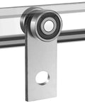 Close-up of heavy duty two bearing 2 wheel trolley assembly for 1-5/8 inch wide and taller strut channel, galvanized carbon steel rollers.