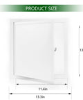 Heavy Duty 12X12 Inch Metal Access Panel With Secure Key Lock Slick Flush Mount For Drywall And Ceilings dimensions showing 11.4x13.3 inches