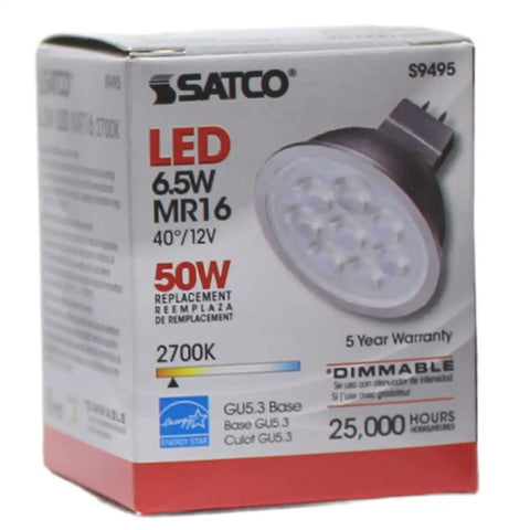 Box of Hot 6.5W LED MR16 Bulbs Pack Of 12, 2700K Warm White, 500 Lumen Output, 40 Degree Beam, GU5.3 Bi-Pin Base, 12V AC DC.