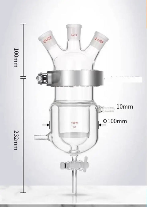 Heavy Duty Three Port Double Jacketed Open Reactor With G2 Sand Filter And PTFE Diverter Valve For High Speed Solid Liquid Separation, 100ml glass vessel.