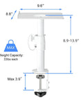 Dimensions of Two Pack Heavy Duty Clamp On Speaker Stands For Desk Mounts, 9.6 by 8.8 inch trays, height adjustable pole, white.