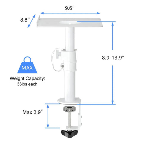 Dimensions of Two Pack Heavy Duty Clamp On Speaker Stands For Desk Mounts, 9.6 by 8.8 inch trays, height adjustable pole, white.