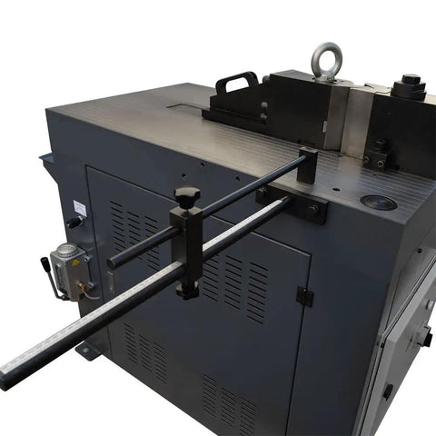 Shop Ready 40 Ton Hydraulic Horizontal Metal Bender With 3HP 220V Motor shows top view with adjustment arm for precise bends.