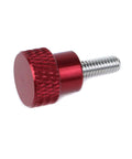 Red aluminum M4 knurled thumb screw with 10mm thread, knurled shoulder and flat tip, ideal for DIY projects and electronics