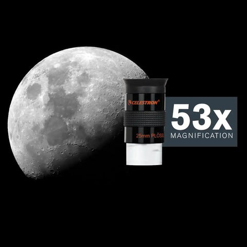Image of a Celestron telescope accessory with the moon, showcasing 53x magnification for NexStar 4SE Computerized Telescope use.
