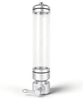 Wall Mounted Coffee Bean Dispenser With Airtight Cap Keeps Your Daily Stash Locked And Loaded For Quick Morning Drips Using Clear Acrylic Jar And Sharp Silver Screw Top Lid For Zero Hassle Kitchen Setup, showcasing clear tube and silver handle.