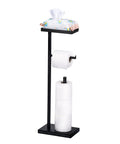 Matte Black Free Standing Toilet Paper Holder With Shelf For Bathroom displaying rolls and wipes on a modern floor stand.