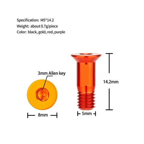 M5x14.2mm Bike Rear Derailleur Jockey Wheel Screws Kit 2 Pieces Orange Aluminum Alloy Bolts For Pulley Guide Wheel Road Bike Upgrade Lightweight Rust Resistant Easy Install, showing bolt dimensions and specifications.