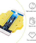 4 Pack Universal Screen Fastening Clamp securing a smartphone, made of durable yellow plastic, shown in use for screen repair projects.