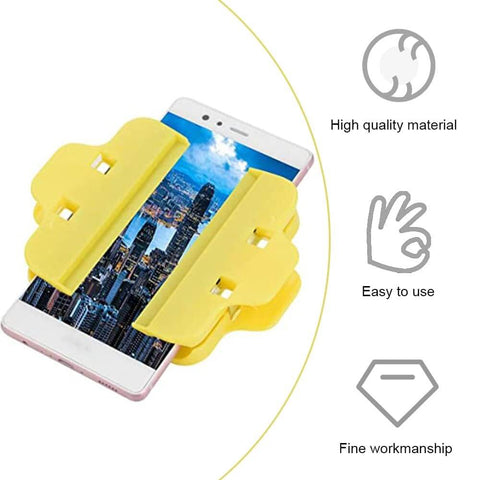 4 Pack Universal Screen Fastening Clamp securing a smartphone, made of durable yellow plastic, shown in use for screen repair projects.