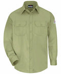 NFPA 2112 Compliant Mens Flame Resistant Work Shirt In Classic Khaki, HRC2 Arc Flash Rated, Heavy Duty FR Uniform Top, XXL, front view.