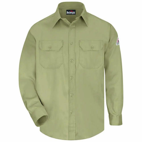 NFPA 2112 Compliant Mens Flame Resistant Work Shirt In Classic Khaki, HRC2 Arc Flash Rated, Heavy Duty FR Uniform Top, XXL, front view.