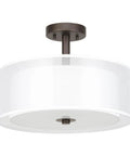 Three Light Drum Semi Flush Ceiling Light With Fabric Shade In Dark Bronze Close To Ceiling 16 Inch Modern Rustic Living Room And Bedroom Fixture Frosted Glass Diffuser Double Shade Cozy Living Room Vibe, viewed from below