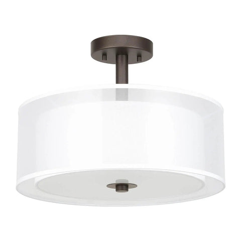 Three Light Drum Semi Flush Ceiling Light With Fabric Shade In Dark Bronze Close To Ceiling 16 Inch Modern Rustic Living Room And Bedroom Fixture Frosted Glass Diffuser Double Shade Cozy Living Room Vibe, viewed from below