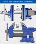 Home Workshop Vise With Four And A Half Inch Jaw Width And Three Inch Opening Swivel Base For Secure Grip Heavy Duty 30,000 PSI Gray Iron Construction Ideal For DIY Projects In The Shop Blue Finish shown open from side view