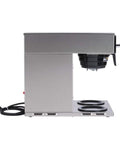 Side view of Axiom 15 3 Automatic Commercial 12 Cup Coffee Maker With 3 Lower Warmers In Gray, showing power cord and warmers.