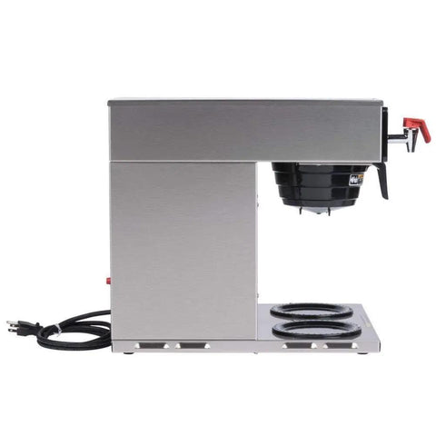 Side view of Axiom 15 3 Automatic Commercial 12 Cup Coffee Maker With 3 Lower Warmers In Gray, showing power cord and warmers.