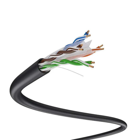 Close-up of black Cat6 Outdoor Ethernet Cable Direct Burial 23AWG Solid CCA UTP showing twisted pairs inside waterproof jacket.