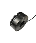 Angled view of a black electromagnetic brake housing for servo/stepper motor, showing central bore and attached wiring.