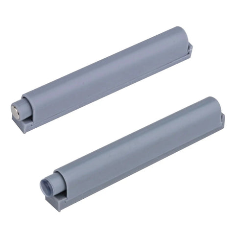 Heavy Duty Push To Open Cabinet Latches 5 Pack Hands Free Wardrobe Rebounders showing two gray latches on white background.