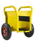 Built Like A Tank Heavy Duty Drywall Door Dolly With Snappy Auto Clamp And Smooth Rolling Ten Inch Solid Rubber Wheels Premium Steel Sheet Carrier handles yellow dolly with red wheels from the side.