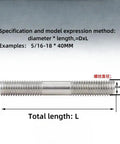 Stainless steel double-ended threaded stud bolt, UNC 3/8-16, 55mm length, threads on both ends, side view.