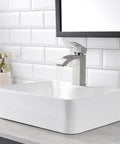 White Rectangle Ceramic Bathroom Vessel Sink And Brushed Nickel Waterfall Faucet Combo, modern art basin in sleek vanity setup