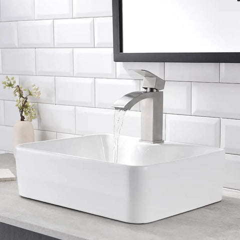 White Rectangle Ceramic Bathroom Vessel Sink And Brushed Nickel Waterfall Faucet Combo, modern art basin in sleek vanity setup