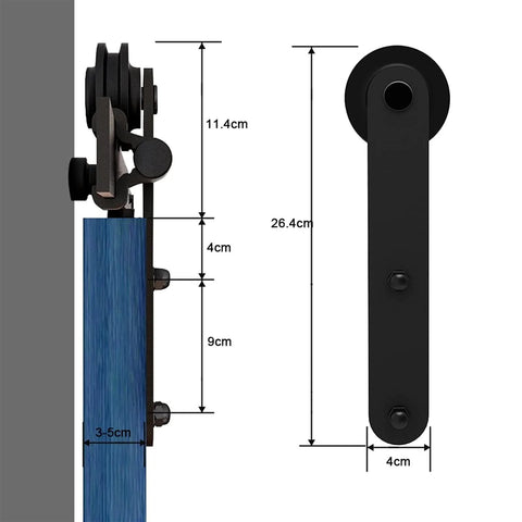 Side view of Heavy Duty Sliding Barn Door Hardware Kit for Bypass or Double Doors, adjustable track, and mute rollers dimensions.