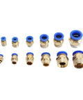 Top Tier 4mm 6mm 8mm 10mm And 12mm Pneumatic Air Joint Connectors Plus Hose Tube Push In Quick Release Couplings B Kit Holding 50 Pieces Total For Your Serious DIY Projects brass push-in air fittings with blue collars, assorted sizes