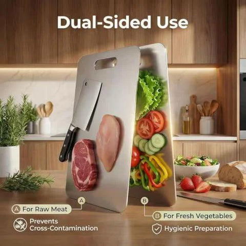 Stainless steel 3-piece cutting board set; sizes 15.3x11, 13.4x9, 11.8x7.9 in; dual-sided, dishwasher safe