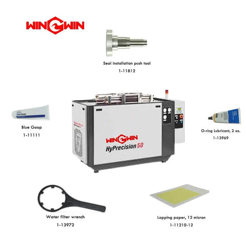 Water jet spare parts set for WinWin waterjet cutting machine, including seal push tool, Blue Goop and O-ring lubricant.