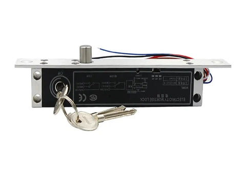 Heavy Duty Alloy 12 Volt DC Electric Lock With Magnetic Deadbolt, key cylinder and wiring, designed for secure door access.