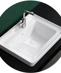 Ceramic Laundry Sink - Single Bowl Bathroom Vessel Sink, Semi-Recessed Square Design With Washboard, Easy To Clean For Laundry Room Or Balcony, top view.