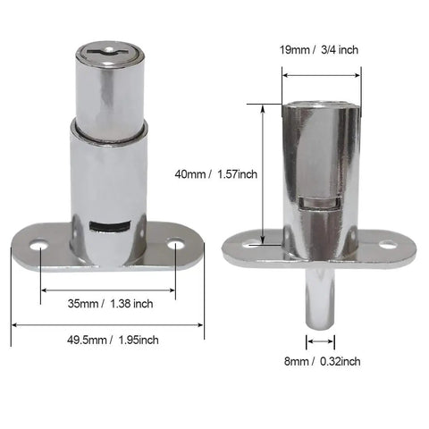 Front and side view of Push Plunger Lock 19mm x 40mm Cylinder Head Chrome Plated Zinc Alloy Keyed Different 2 Pack.