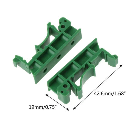 Green PA66 parts of Din Rail PCB Mounting Adapter Kit For C45 Rail with 35mm and 15mm Spacers, showing dimensions 42.6mm and 19mm.