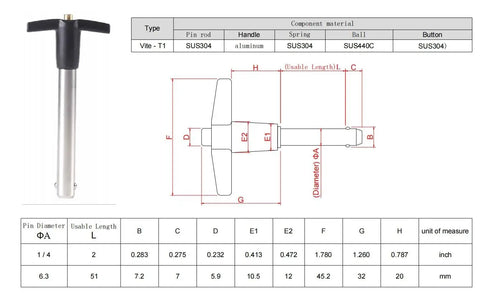 Diagram and specifications of 2 Pack T Handle Ball Locking Pins With Rope Quarter Inch Diameter 2 Inch Length 304 Stainless Steel Pin With Aluminum Grip